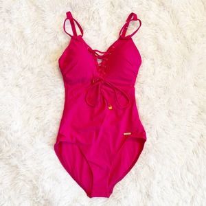 SUNSEEKER AUSTRALIA ONE PIECE SWIMSUIT LACE UP PINK 4 NWOT